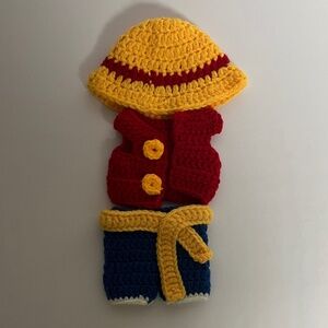 One Piece Luffy Knitted 3 Piece Outfit for Labubu Bucket Hat Clothing Red Yellow
